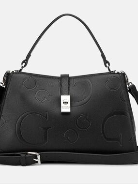 GUESS Black Embossed G Logo Satchel with Silver Hardware